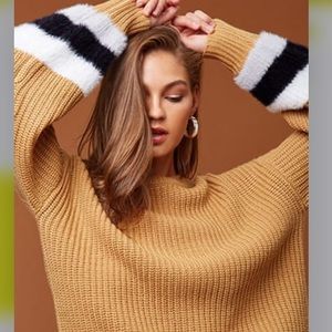 Forever 21 camel colored sweater striped sleeves